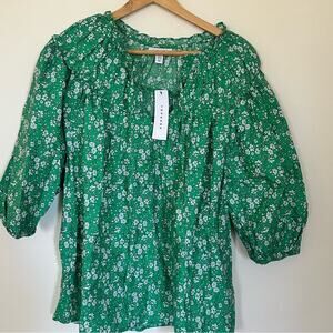 Topshop Ladies' puff-sleeve Floral Green White blouse Size 10 Nwt
